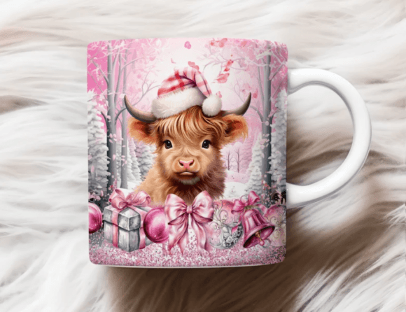 Pink Christmas Highland Cow Mug Wrap
