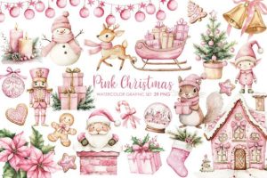 Pink Christmas Watercolor Clipart.