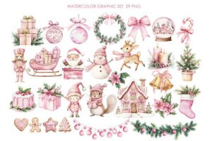 Alternative view of Pink Christmas Watercolor Clipart.