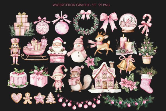 Pink Christmas Watercolor Clipart. - Image 3