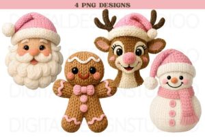 Pink Crochet Christmas PNG Bundle, Santa