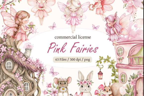 Pink Fairy Clipart Bundle Watercolor