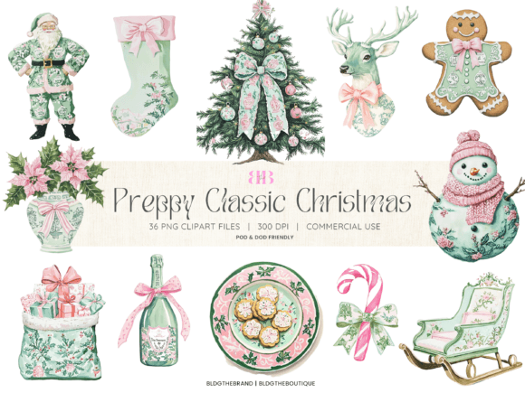 Pink Green Chinoiserie Christmas Clipart
