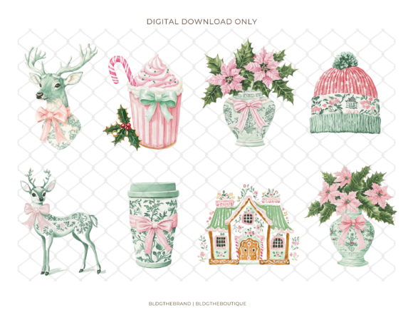 Pink Green Chinoiserie Christmas Clipart - Image 2