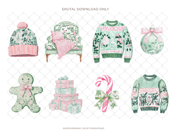 Pink Green Chinoiserie Christmas Clipart - Image 3