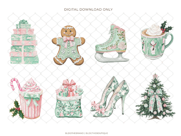 Pink Green Chinoiserie Christmas Clipart - Image 4
