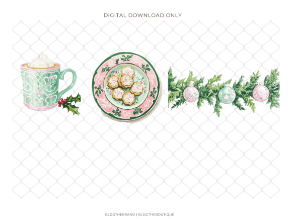 Pink Green Chinoiserie Christmas Clipart - Image 5
