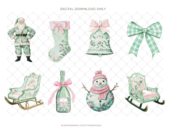 Pink Green Chinoiserie Christmas Clipart - Image 6
