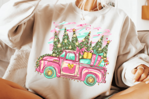 Pink Retro Christmas Truck PNG with Gift