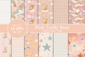 Pink Teddy Bear Baby Girl Digital Paper