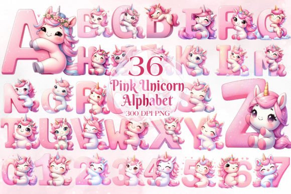 Pink Unicorn Alphabet Sublimtion Clipart