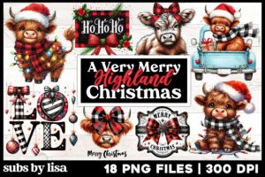 Plaid Christmas Highland Cow Bundle PNG