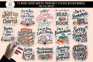 Printable Book Lover PNG Sticker Bundle