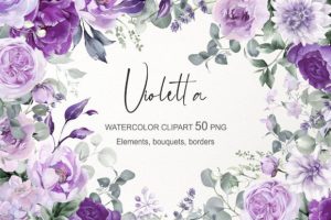 Purple Watercolor Flowers Clipart PNG