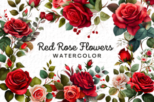 Red Rose Flowers Watercolor Clipart