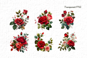 Alternative view of Red Rose Flowers Watercolor Clipart