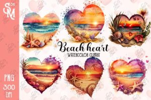 Retro Beach Heart Watercolor Clipart