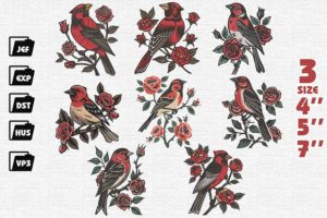Set of 8 Cardinal Birds with Rose Bundle