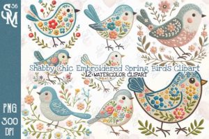 Shabby Chic Embroidered Spring Birds