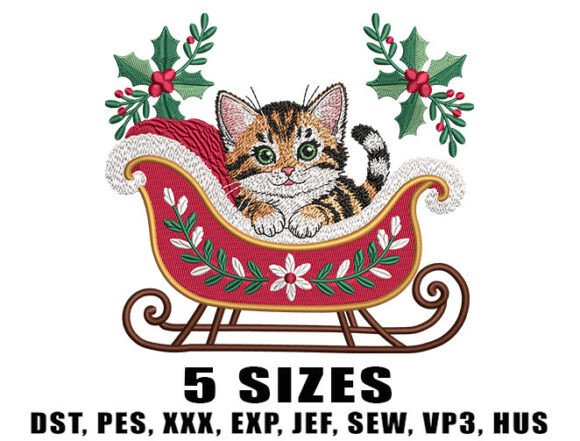 Sleigh Cat Christmas Embroidery Design