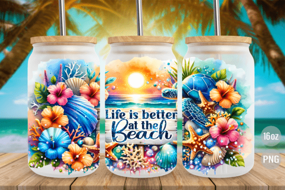 Summer Beach 16oz Glass Can Wrap PNG