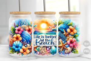Alternative view of Summer Beach 16oz Glass Can Wrap PNG