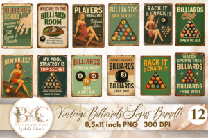 Vintage Billiards Signs Bundle PNG