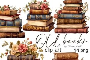Vintage Book Clipart Bundle, Old Books