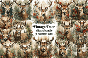 Vintage Deer Christmas Clipart Bundle