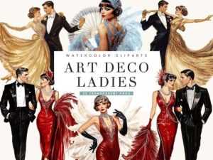 Watercolor Art Deco Ladies Clipart