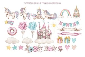 Alternative view of Watercolor Birthday Unicorn Clipart