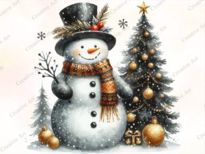 Watercolor Black Gold Christmas Snowman