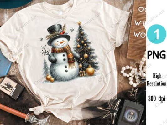 Alternative view of Watercolor Black Gold Christmas Snowman
