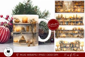 Watercolor Bookshelf Christmas Mug Wraps