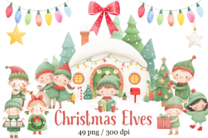 Watercolor Christmas Elves Clipart