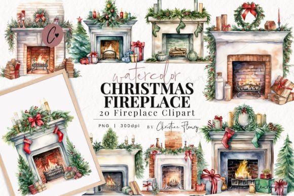 Watercolor Christmas Fireplace Clipart