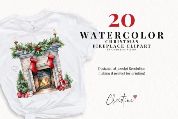 Watercolor Christmas Fireplace Clipart - Image 2