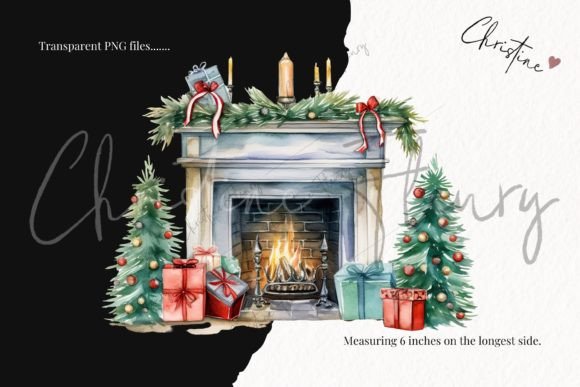 Watercolor Christmas Fireplace Clipart - Image 3