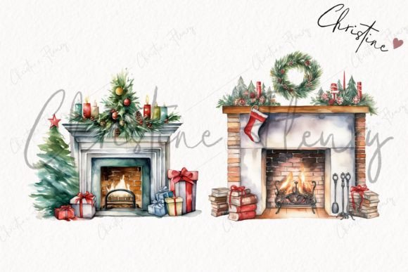 Watercolor Christmas Fireplace Clipart - Image 4
