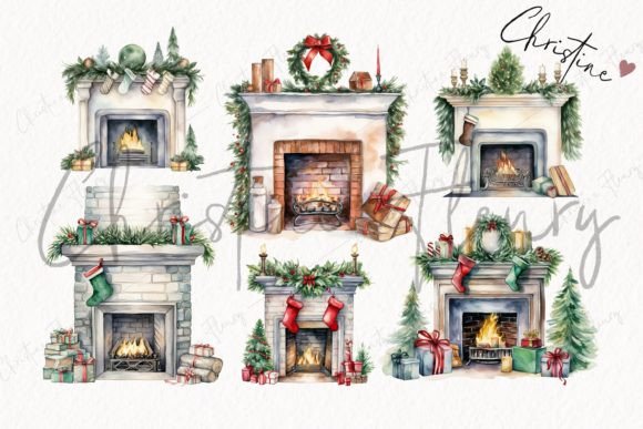 Watercolor Christmas Fireplace Clipart - Image 5