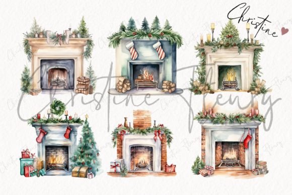 Watercolor Christmas Fireplace Clipart - Image 7