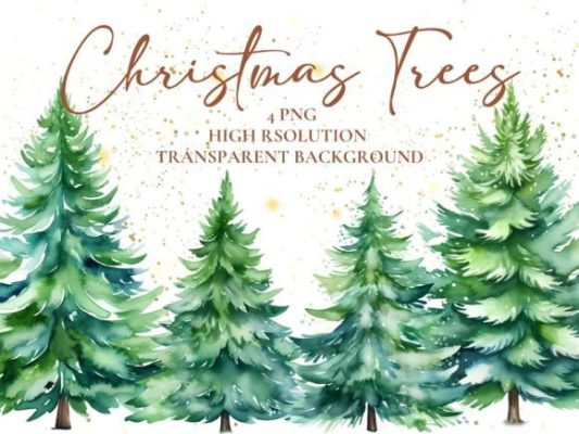 Watercolor Christmas Trees PNG Cliparts