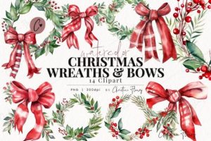 Watercolor Christmas Wreaths & Bows PNG