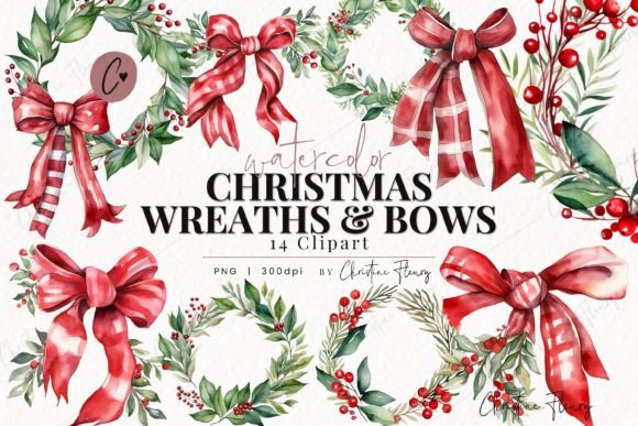 Watercolor Christmas Wreaths & Bows PNG