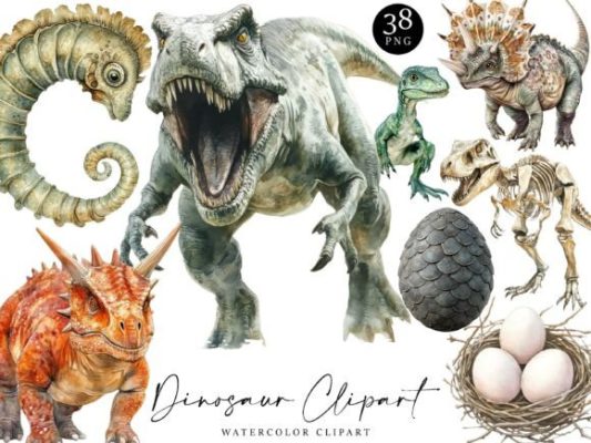 Watercolor Dinosaur Clipart Bundle