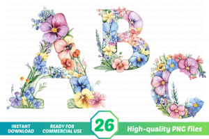 Watercolor Floral Alphabet, Letters PNG