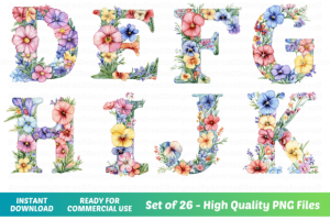 Alternative view of Watercolor Floral Alphabet, Letters PNG