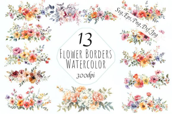 Watercolor Flowers Floral Border Clipart