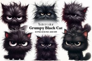 Watercolor Grumpy Black Cat Clipart