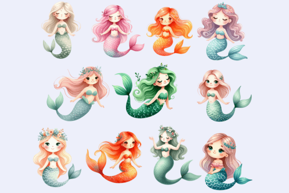 Alternative view of Watercolor Mermaid Clipart Bundle